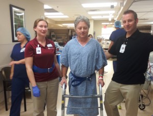 Our patients often are up walking in the recovery room. This man went home the same day as his anterior total hip surgery.